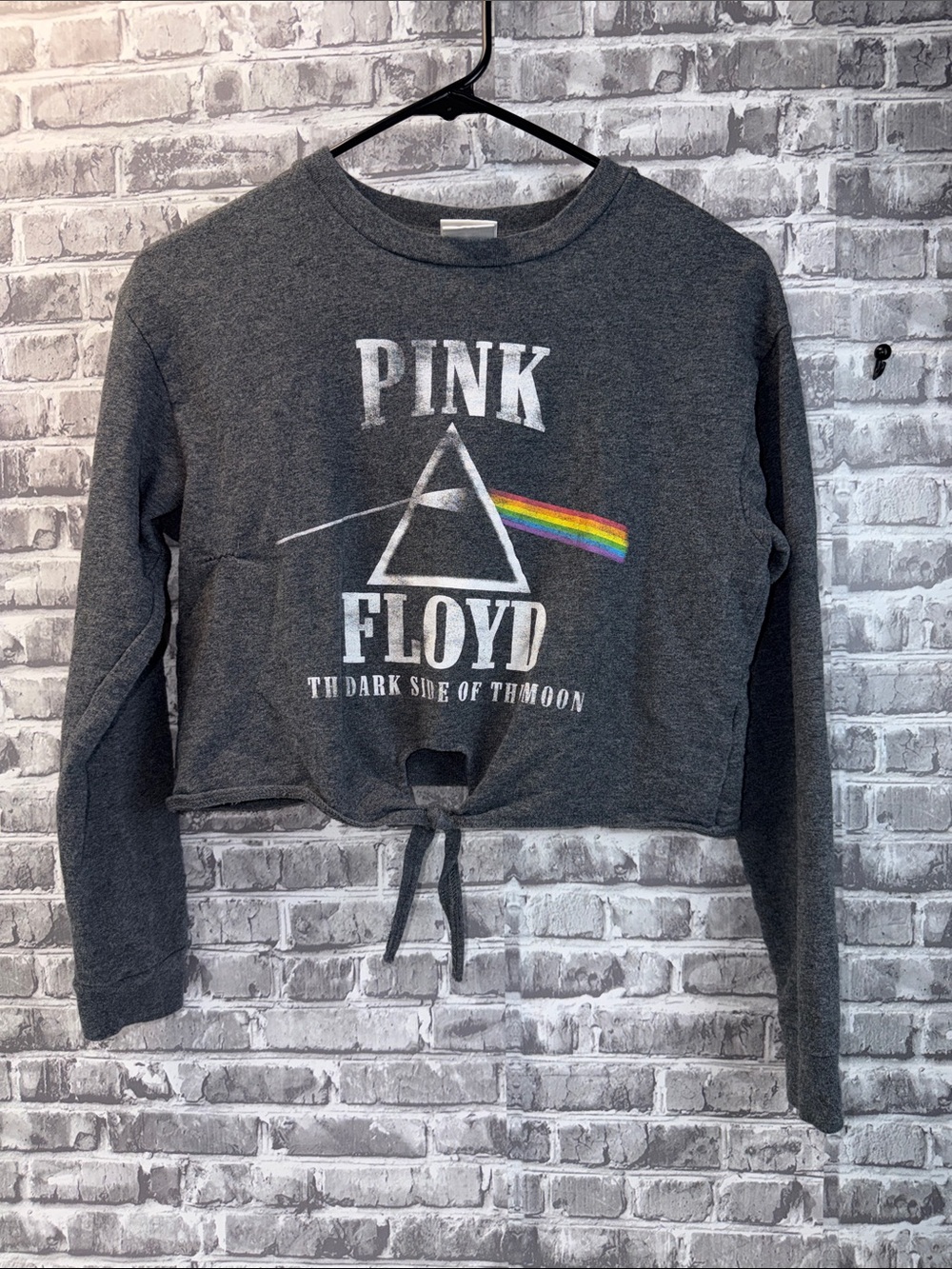 Pink‎ Floyd Charcoal Cropped Tie-Front long sleeves T-shirt with Rainbow Prism